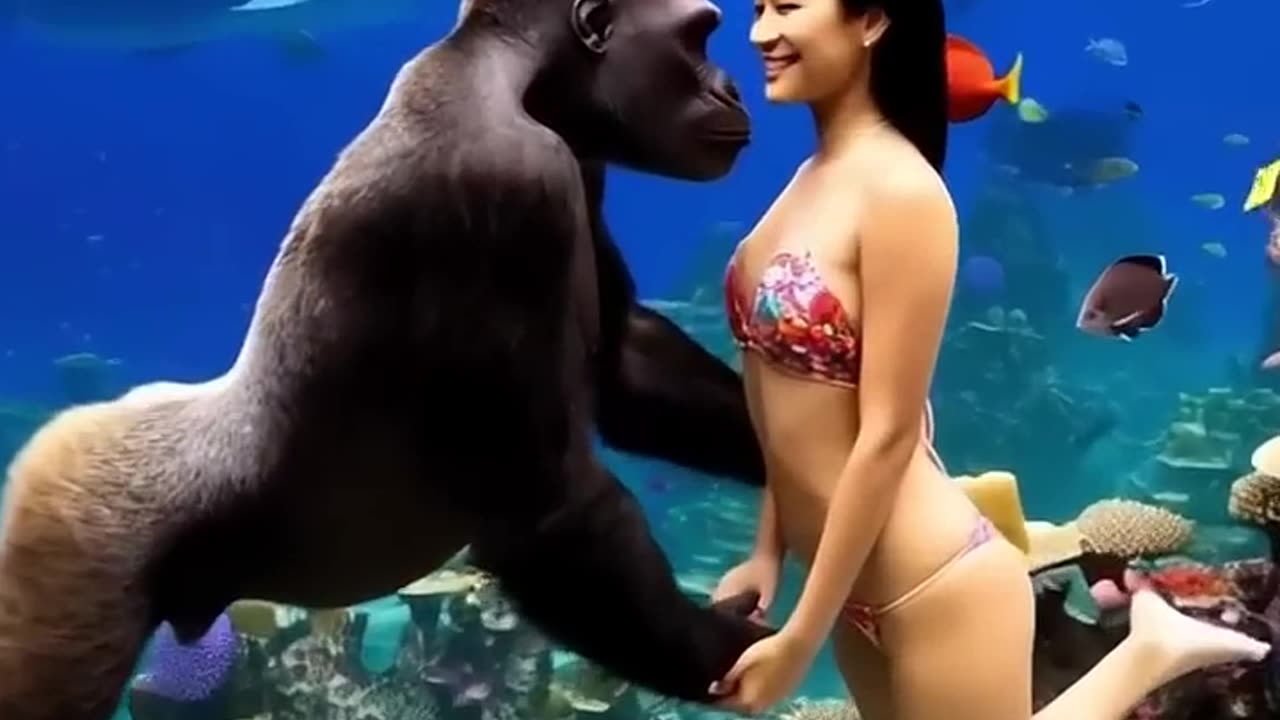 Ocean scene,girl and orangutan