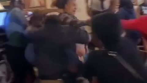 Male security guard fights with a lot of women