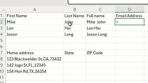 Microsoft Excel - How to make full name, use Flash Fill for Email, Text to column for Home Address?