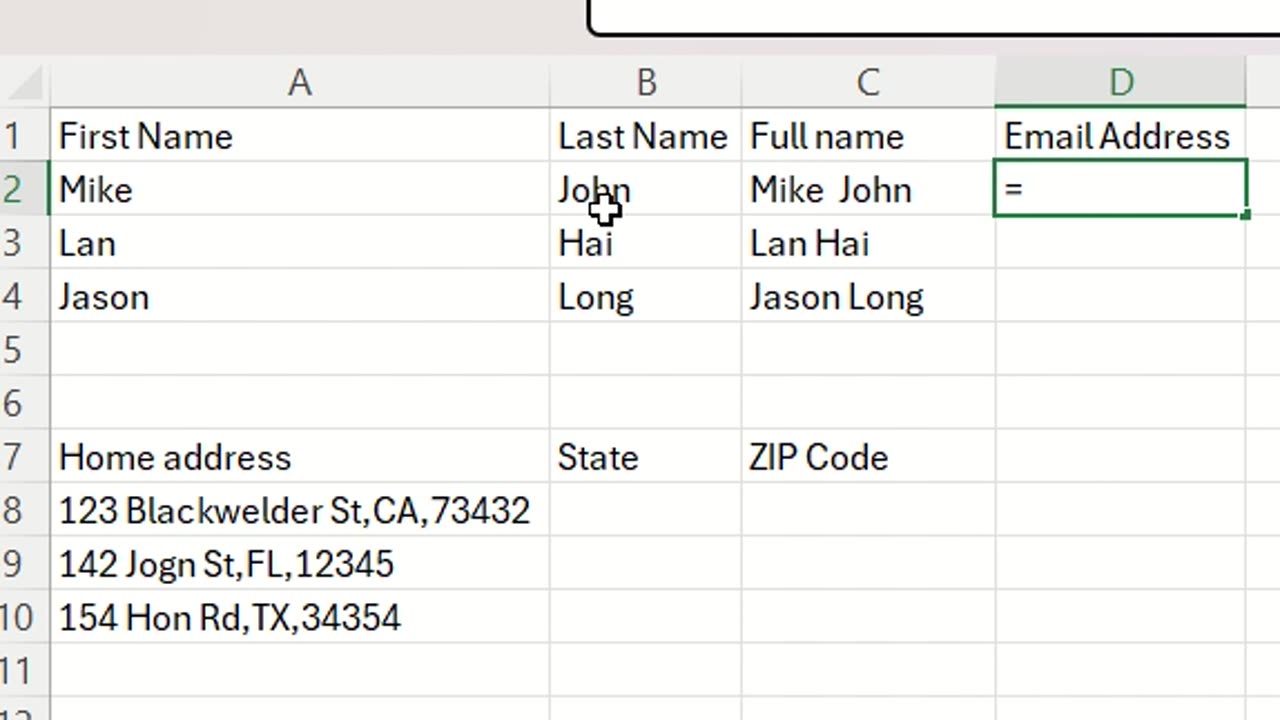 Microsoft Excel - How to make full name, use Flash Fill for Email, Text to column for Home Address?