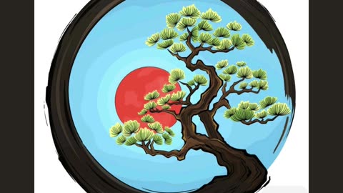 Serene Illustration of Bonsai Tree with Red Sun in Circular Frame