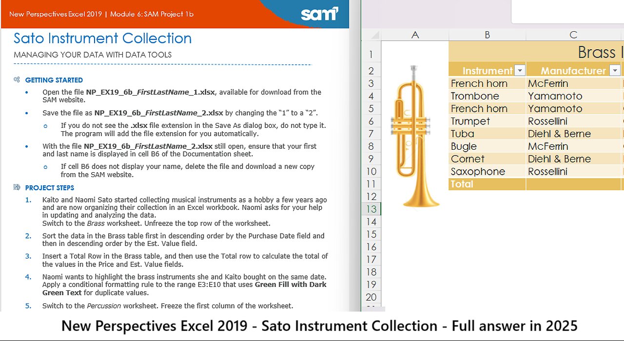 New Perspectives Excel 2019 | Module 6: SAM Project 1b | Sato Instrument Collection