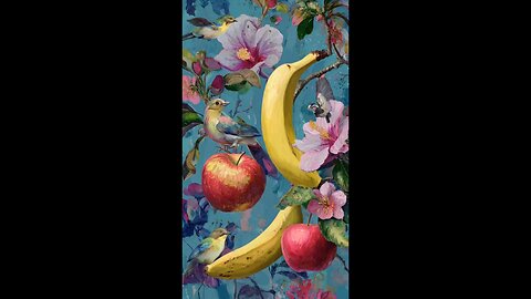 enjoy two banana and apples disscussing about their colours and some birds flying over .