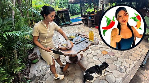 Asian Girl Outdoor Cooking: Fried Pork with Sauerkraut.