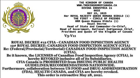 ROYAL DECREE #12 CFIA - CANADIAN FOOD INSPECTION AGENCY12# ROYAL DECREE: CANADIAN FOOD INSPECTION