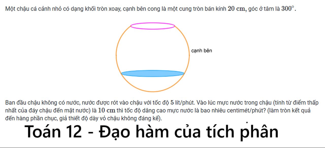Toán 12: Một chậu cá cảnh nhỏ có dạng khối tròn xoay, cạnh bên công là một cung tròn bán kính 20