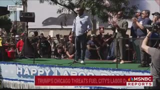 Chicago Mayor is speaking at a Labor Day rally, yelling, "No federal troops in the city of Chicago!