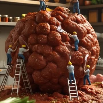 a large meatball with Miniature people working on it Ai Video Generator @NanoVisionsAI