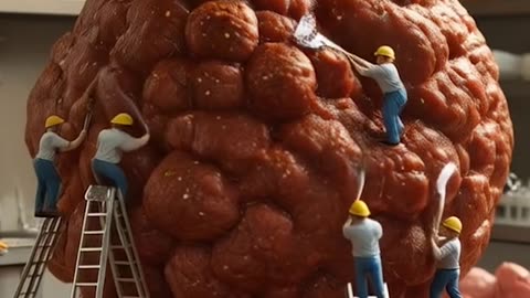 a large meatball with Miniature people working on it Ai Video Generator @NanoVisionsAI