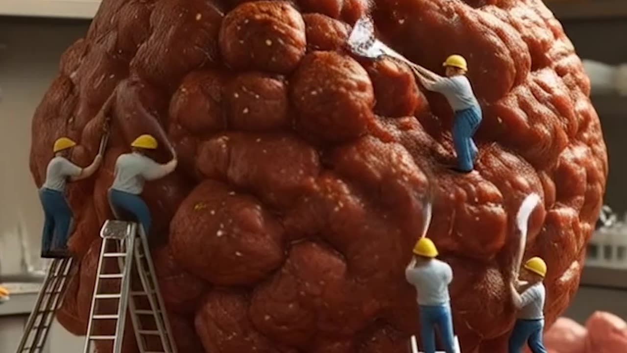 a large meatball with Miniature people working on it Ai Video Generator @NanoVisionsAI
