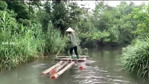 A woman transports wood in a rural river