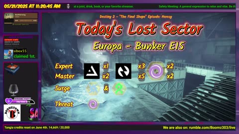 Destiny 2: 5-21-25 Bunker E15 is the Lost Sector. Arc/Strand Surge.