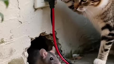 The tabby cat waited for the mouse to come out to eat bread.#cat #mouse 🐹🐱🍞🐱🐹