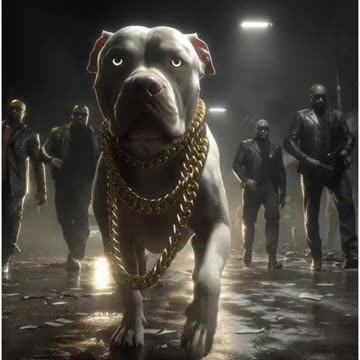 A hyper-realistic gangster dog walking confidently down a dark, abandoned street at night