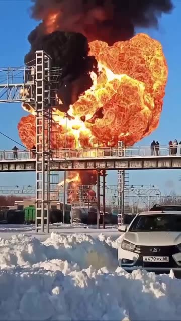 Michurinsk, Tambov region (Russia). A train carrying gasoline tanks derailed and a massive