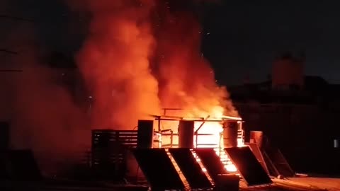 A fire broke out on the roof of a building in the center as a result of falling shrapnel.