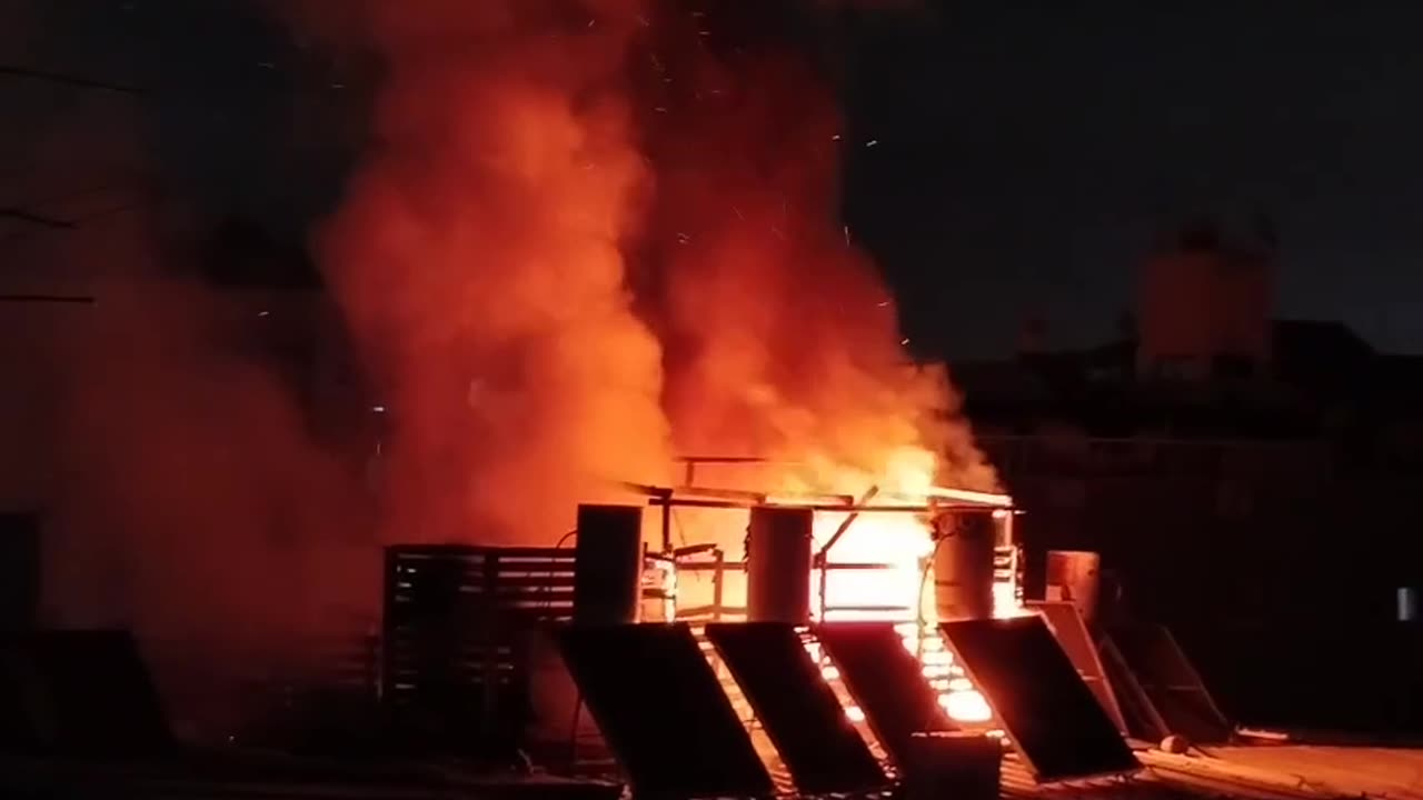 A fire broke out on the roof of a building in the center as a result of falling shrapnel.