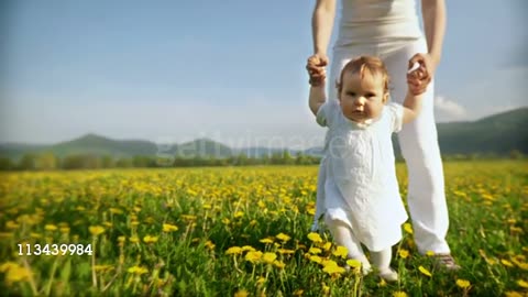 Mama & Baby Walking in Dandelions 2