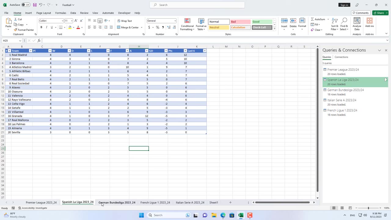 Excel Get Live Football Leagues