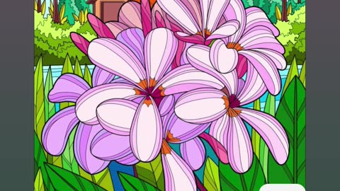 Colorful Illustration of Flowers by a Cottage in a Forest Setting