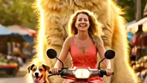 cute cat, dog riding motor going home with pretty lady🐈🐕