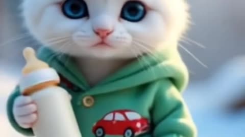Cutest Baby Cat in a Hoodie Holding a Bottle! 🍼🐱❄️