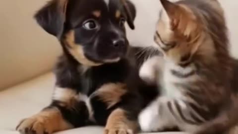 Little Kitten Hugs a Puppy – Pisicuța Micuță Îmbrățișează Cățelușul Adorabil 🐱🤗🐶