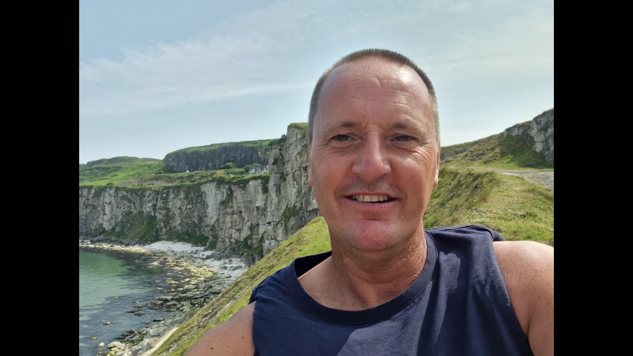 Mark Clark Portrush with family & friends walking around Carrick a Rede, UK & Ireland 2023..