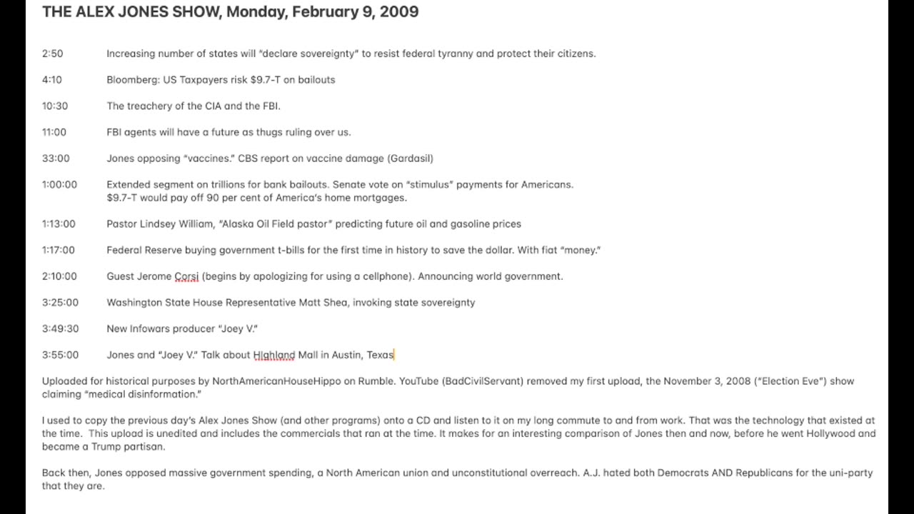 THE ALEX JONES SHOW, Monday, February 9, 2009
