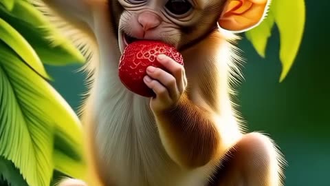 Cheeky Monkey Enjoys a Juicy Strawberry on a Tree