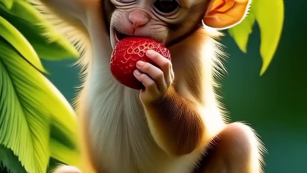 Cheeky Monkey Enjoys a Juicy Strawberry on a Tree
