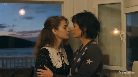 Lesbian kiss between two women by moonlight