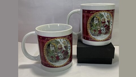 Set of 2: Ceramic Coffee Tea Coco Mugs “Victorian Rabbits” Celebrating Christmas