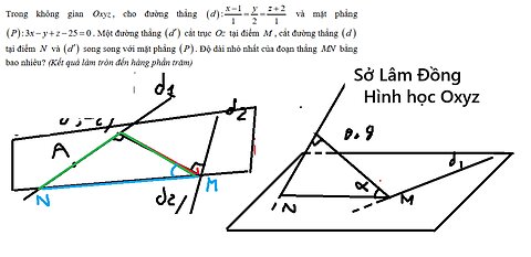 Sở Lâm Đồng: Trong không gian Oxyz , cho đường thẳng (d): (x-1)/1 = (y/2) = (z+2)/1 và mặt phẳng