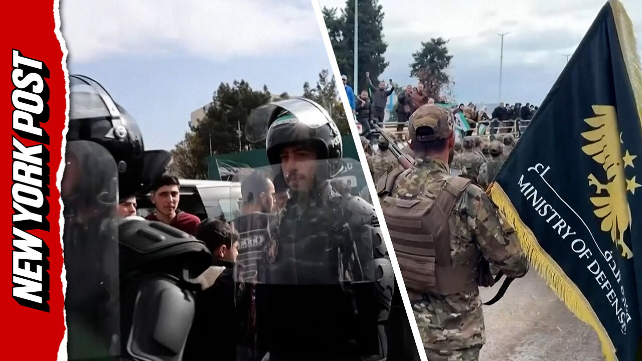 Drone over massive gathering and military parade in Syria for anniversary of Assad's fall