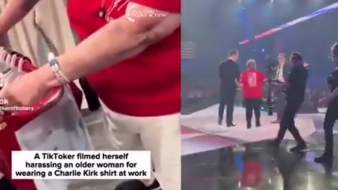 Target grandma harassed for wearing a kirkoHOAX T- shirt is now on the big stage at TPUSA