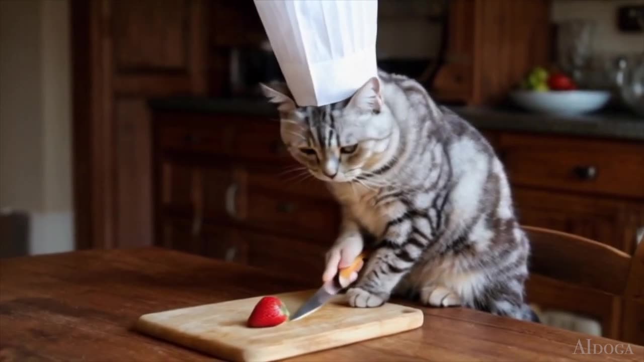 A Funny Cat Chef Makes Strawberry Sponge Cake. #cooking #cutcat #cake