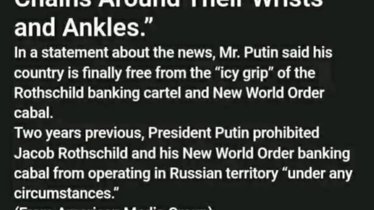 Putin Chilling Warning to Rothschild