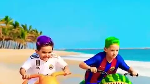 Messi and his son making fruit toy bike