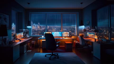 Heavy Rain Outside a Cozy Gaming Room 🌧️🌃 | Night City Ambience for Sleep, Focus & Relaxation