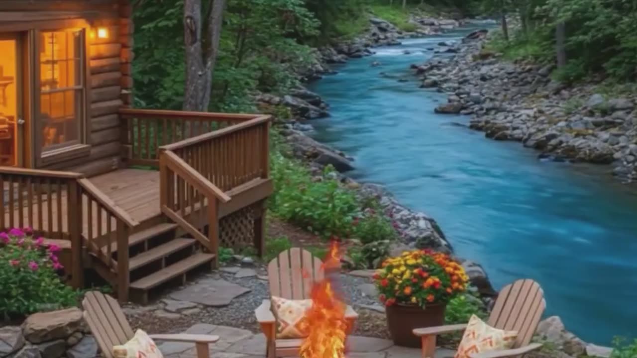 Forest Cabin Escape with Flowing River.