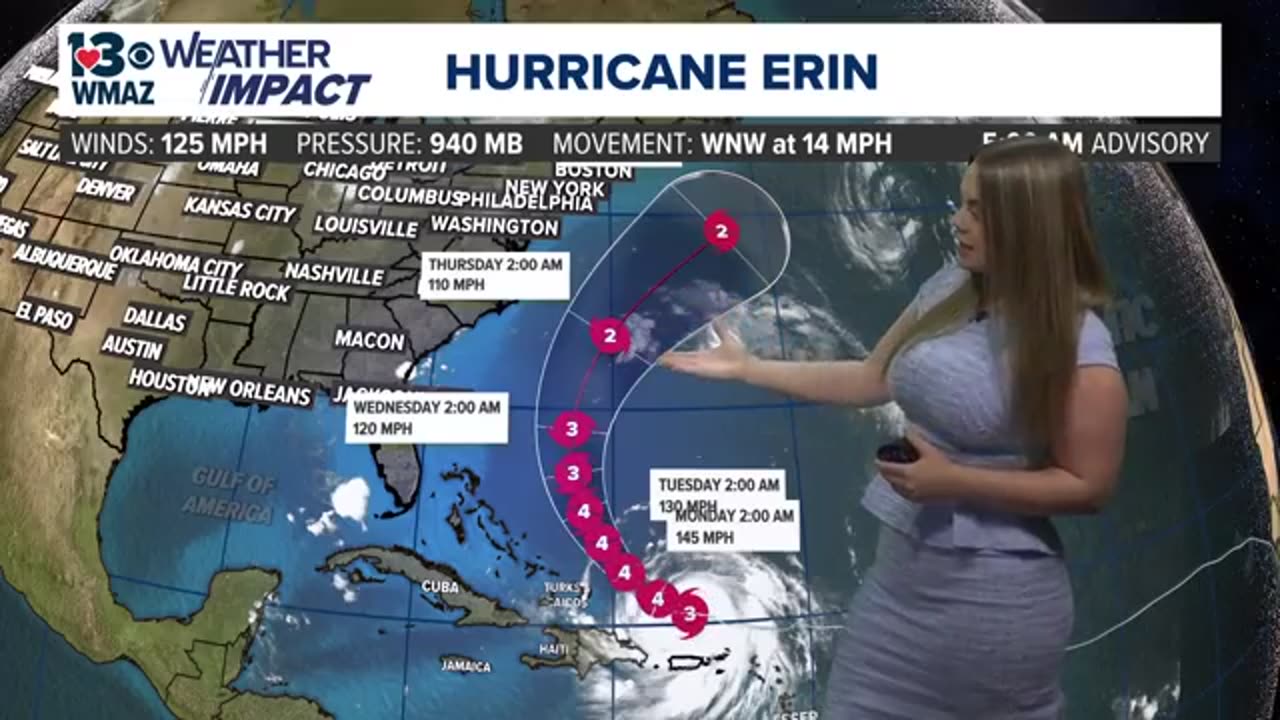Erin briefly dropping to a cat 3 before restrengthening is forecasted (5 AM Update 8/17/25)