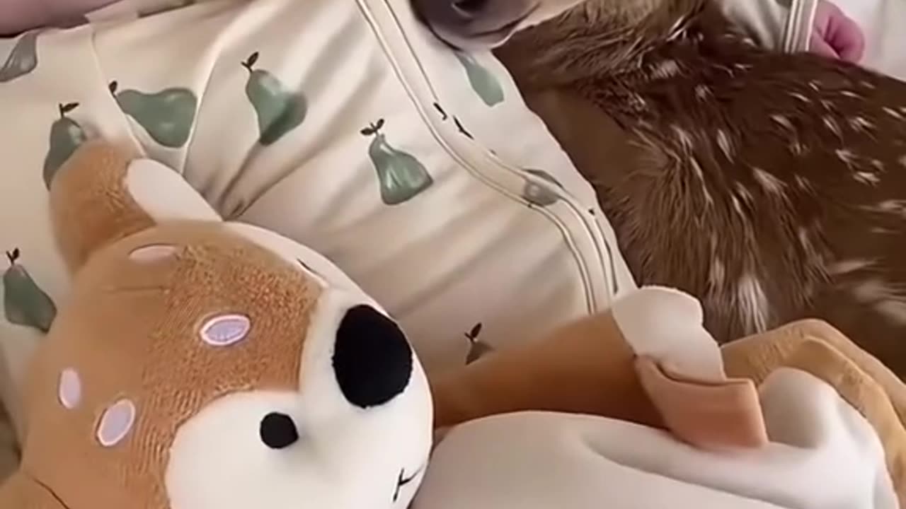 Police officer picks up a fawn on the side of the road, brings it home and gets along with family