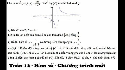 Toán 12: Cho hàm số y=f(x)= ax/(x+b) có đồ thị (C) như hình dưới đây.