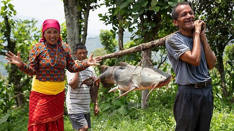 38 kg's Fish in River ? Biggest Fish Cutting, Cooking and Eating
