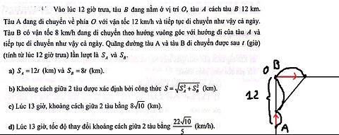 Toán 12: Vào lúc 12 giờ trưa, tàu B đang nằm ở vị trí 0, tàu A cách tàu B 12 km. Tàu A đang