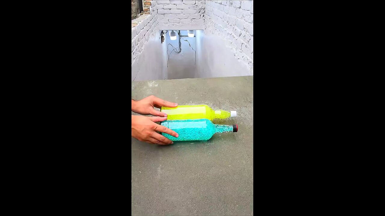 Two different bottles falling from stairs