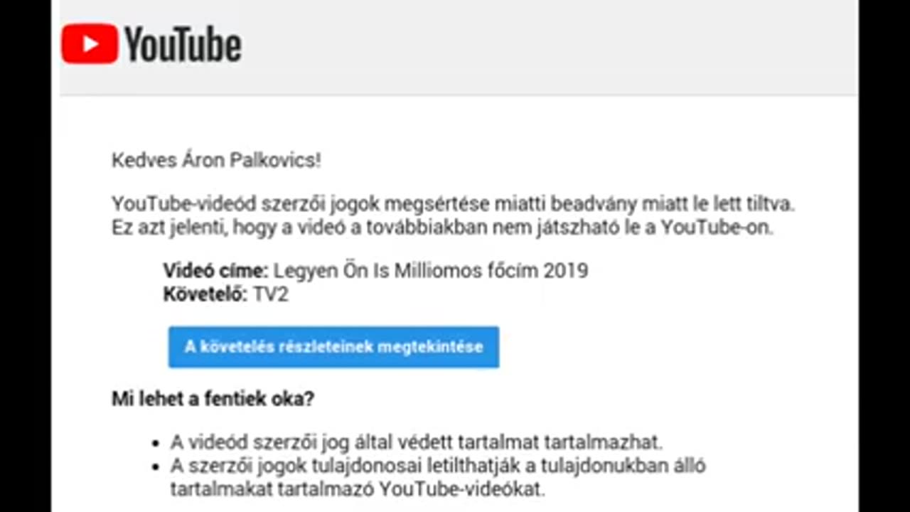 Ilyen a YouTube szerzői jogi figyelmeztetése