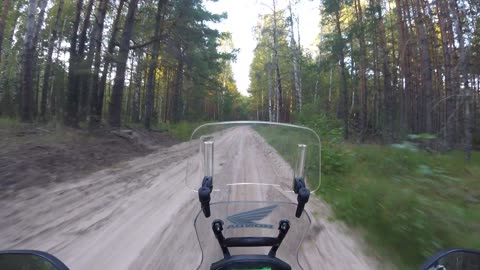 Nature in Russia, riding a motorcycle through the forest.