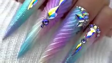 Almond Long White & Multicoloured Nails Art with Stone Work | Luxury Nail Design 💎✨